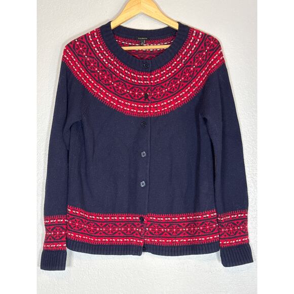 Talbot Lambswool Lambs Wool Fair Isle Cardigan Sweater Medium Navy Blue Nordic - Picture 1 of 7